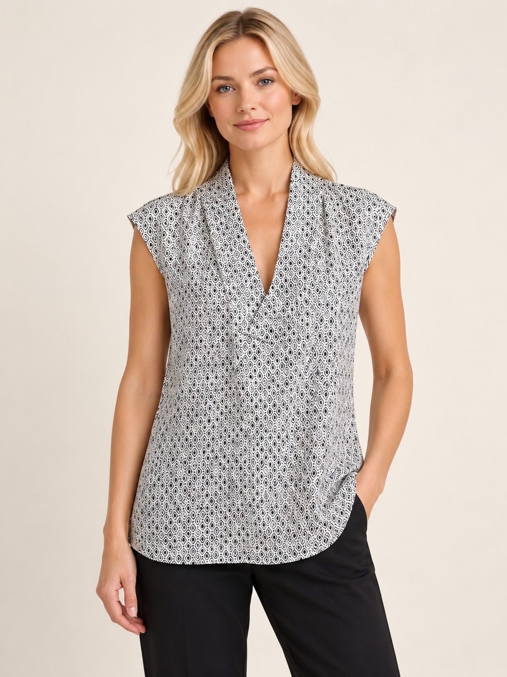 Women's White Tank Top with Gray Geometric Print